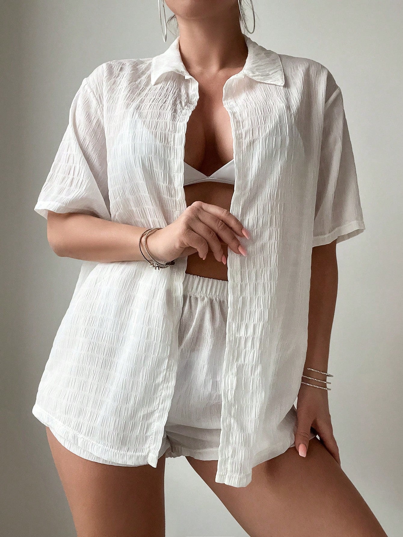 Swim Basics 2 peças/Conjunto Top de Manga Curta e Shorts de Cor Sólida e Lisa, para Férias, Praia de Verão