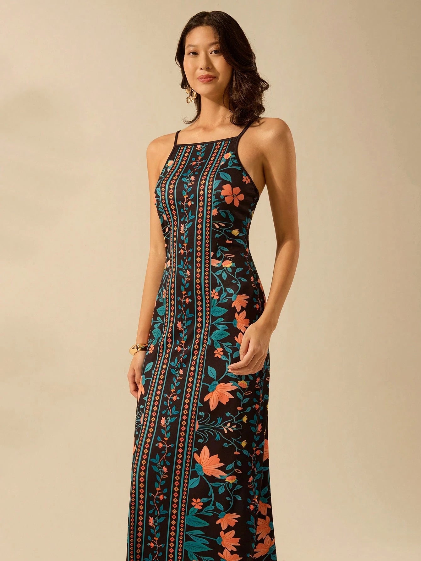 CAJUNI Vestido Preto de Alça Fina e Altura na Panturrilha, Casual de Férias, Estampa de Plantas Florais Tropicais Boemias para Mulheres