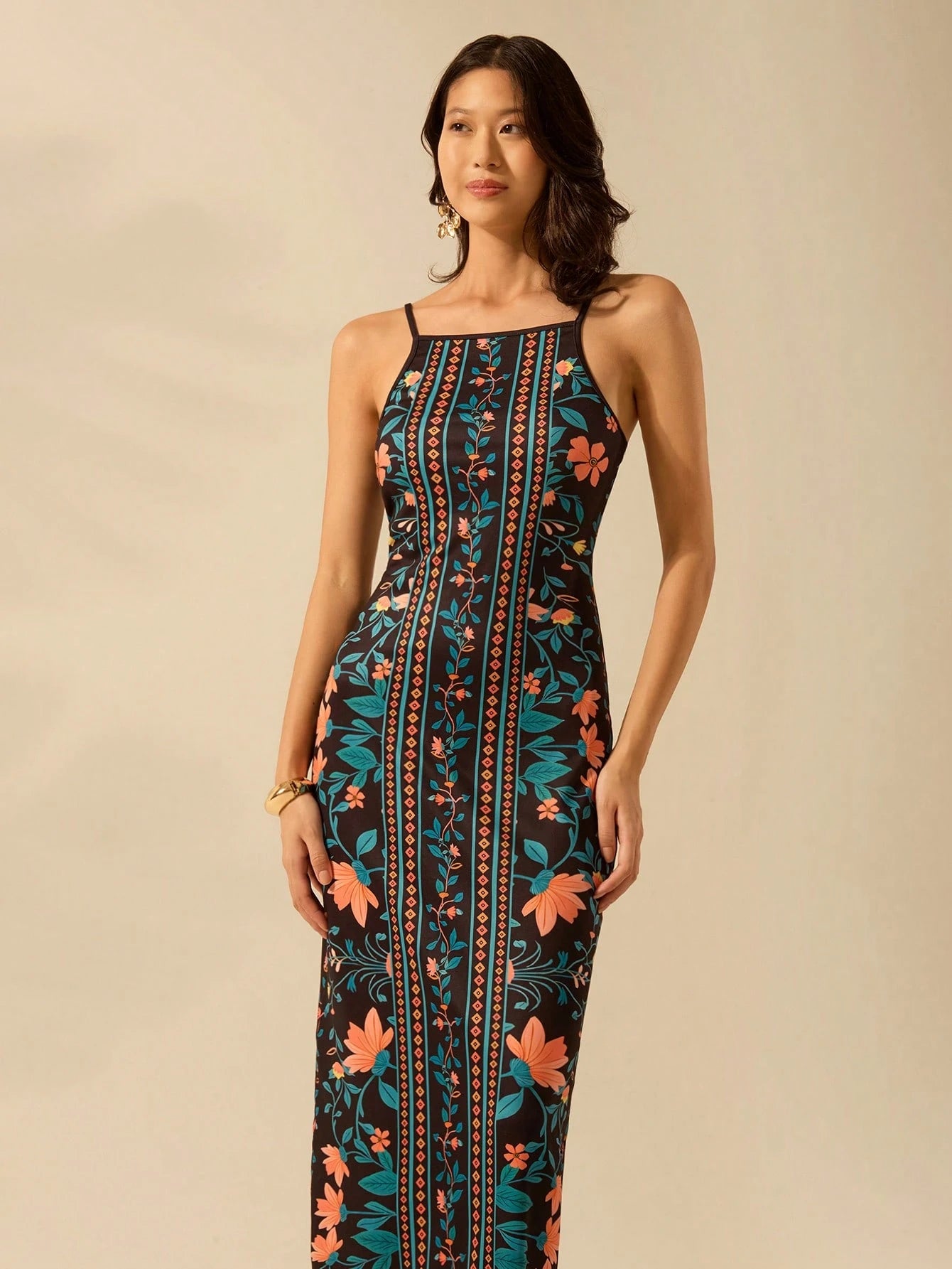 CAJUNI Vestido Preto de Alça Fina e Altura na Panturrilha, Casual de Férias, Estampa de Plantas Florais Tropicais Boemias para Mulheres