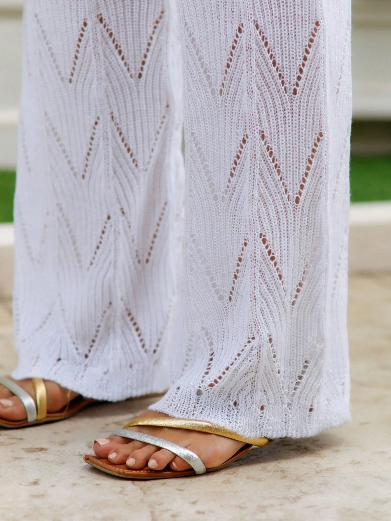 Calça Saída de praia Pantalona Cintura alta Tricot Crochê Moda Praia Verão Regulagem Rendada Zig Zag