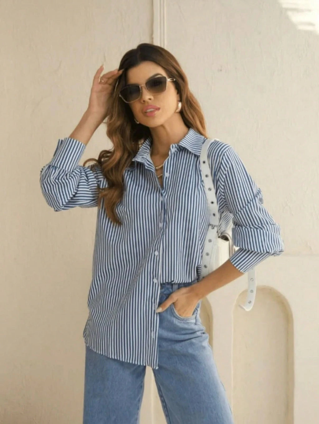 Camisa Manga Longa Listrada Botões na frente Escritório tecido Crepe Premium