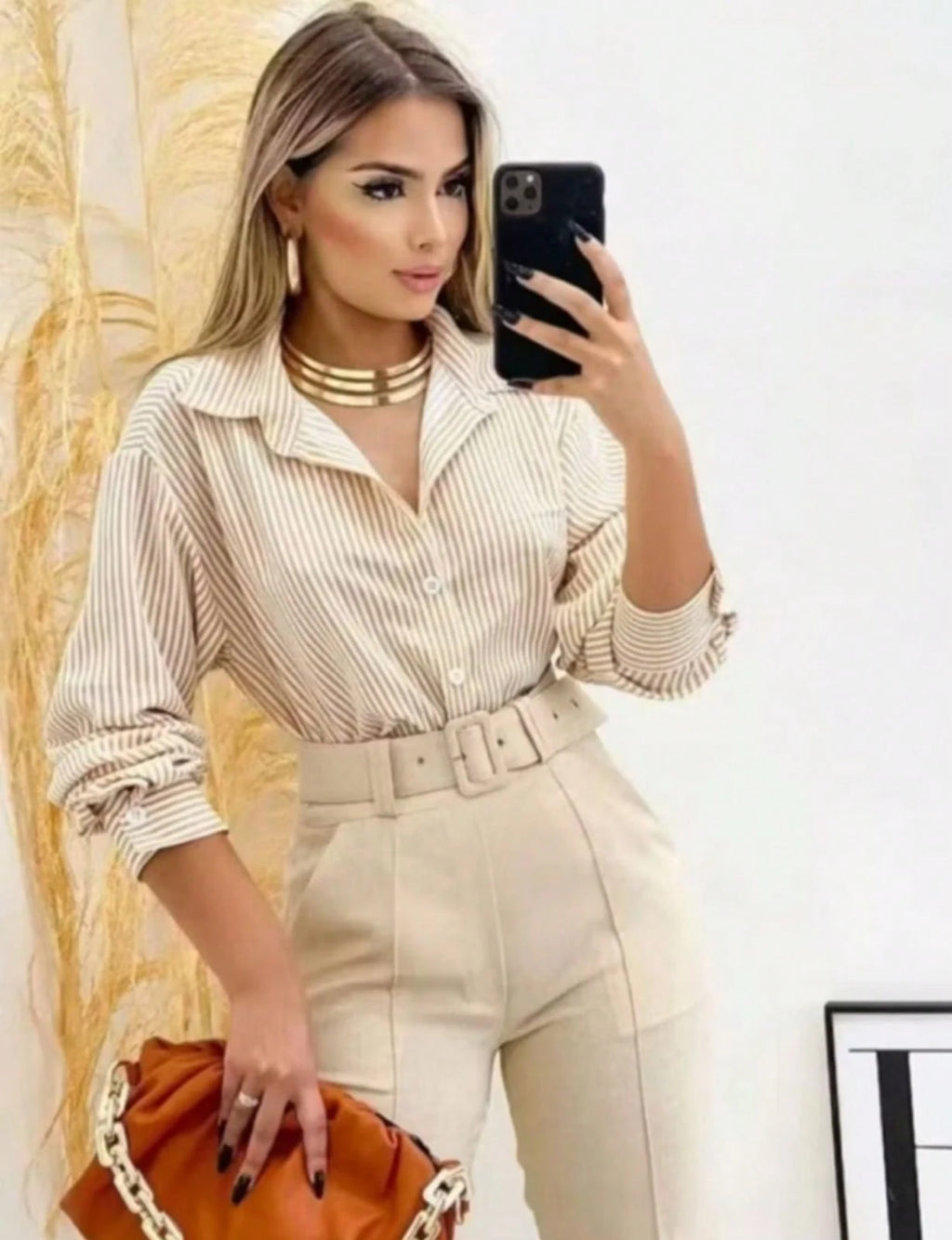 Camisa Manga Longa Listrada Botões na frente Escritório tecido Crepe Premium