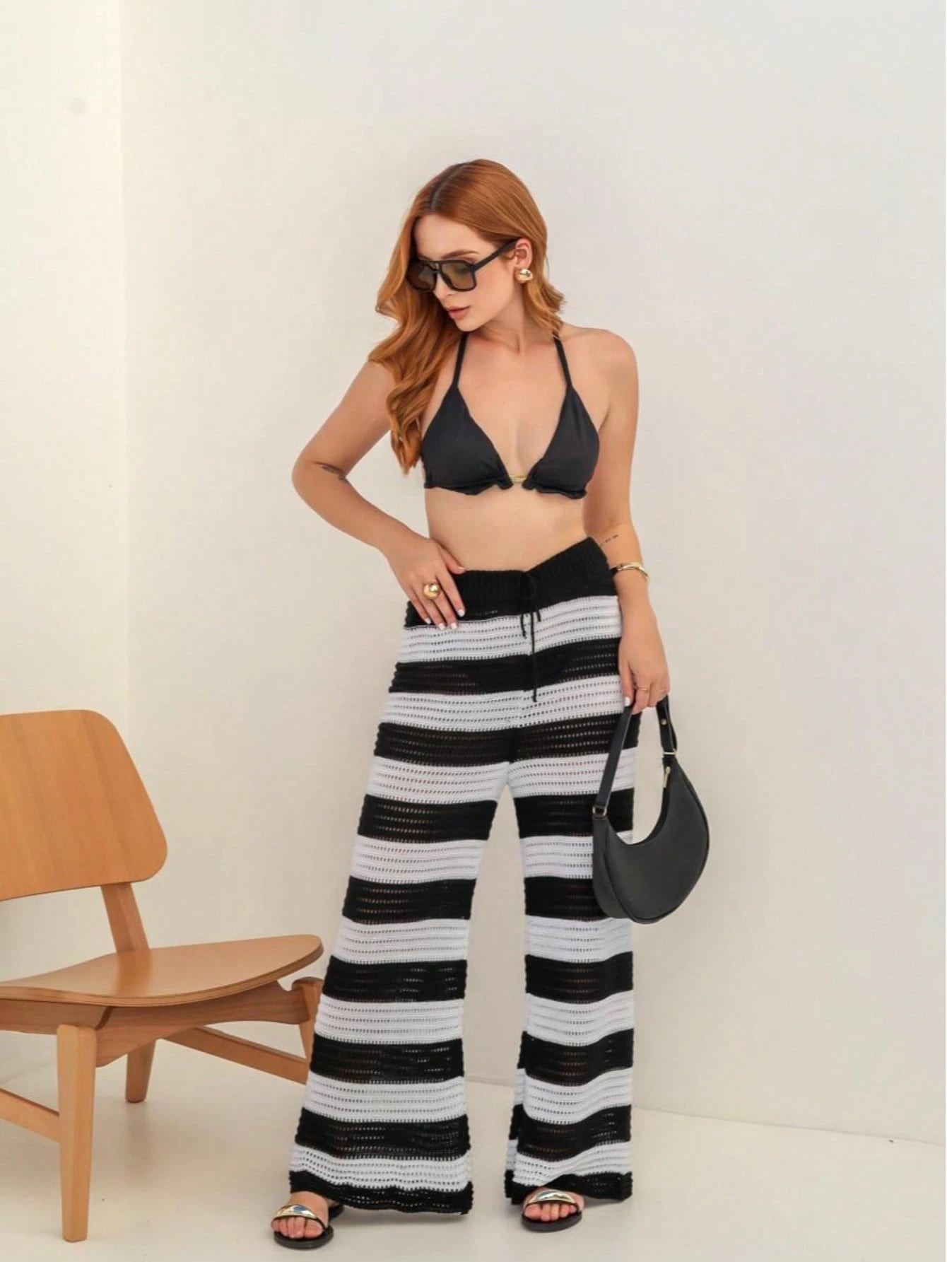 CALCA saida de Praia PANTALONA com ajuste na cintura Listrado moda tricot verao moda praia toda rendada Croche luxo piscina