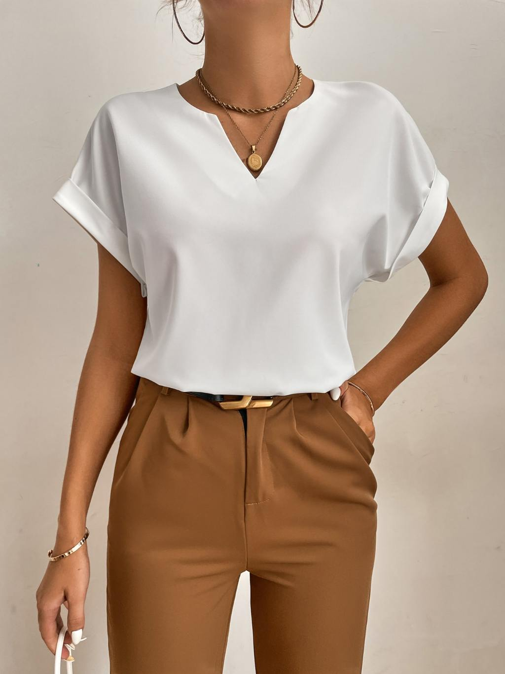 Feminina Blusa Popover com Pescoço Entalhado e Mangas Morcego Blusas de Manga Curta Top