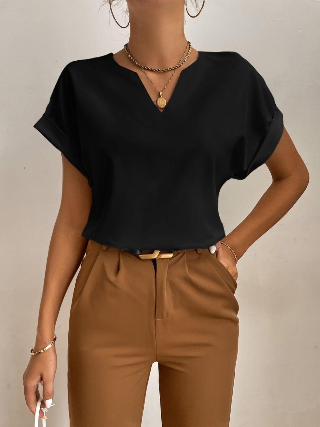 Feminina Blusa Popover com Pescoço Entalhado e Mangas Morcego Blusas de Manga Curta Top