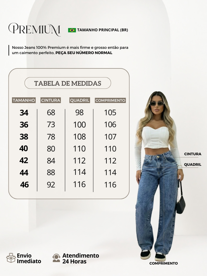 Calça Wide Leg Jeans Feminina Cintura Alta Pantalona