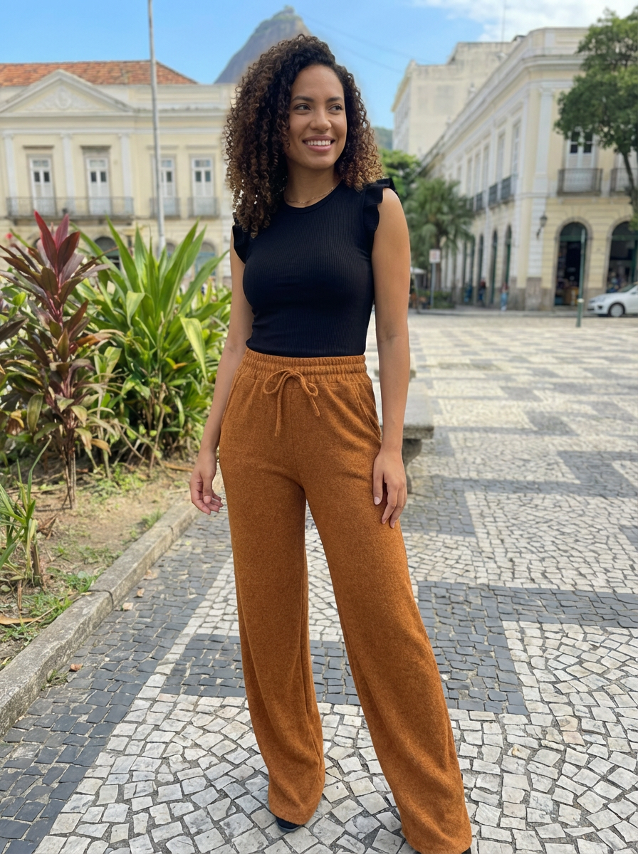 Calça Pantalona de Lanzinha Cintura Alta – O Abraço Quentinho que Faltava no Seu Inverno