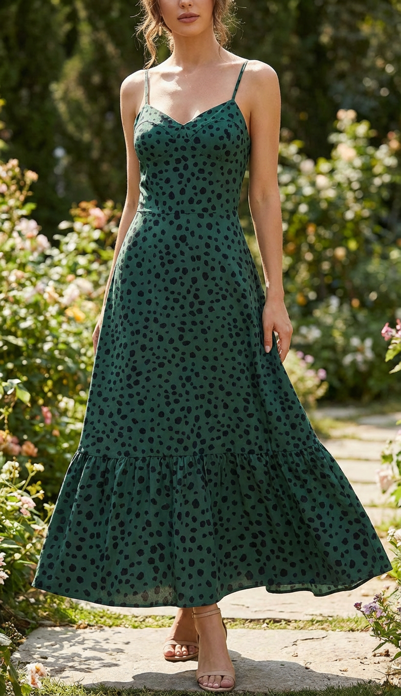 Vestido Casual Poá Linha A com Botões Frontais e Babados