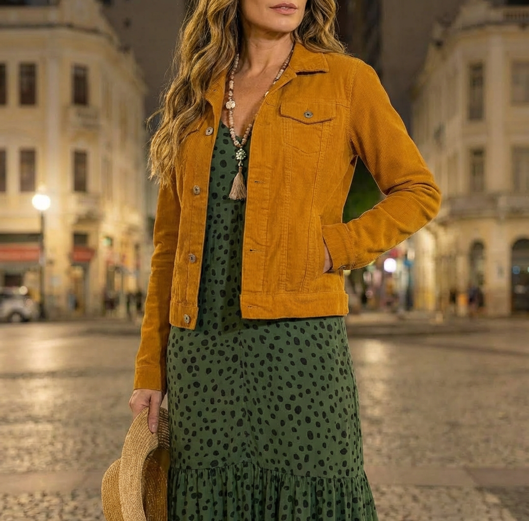 Jaqueta Jeans Feminina Bege Curta Impermeável com Botões Dourados