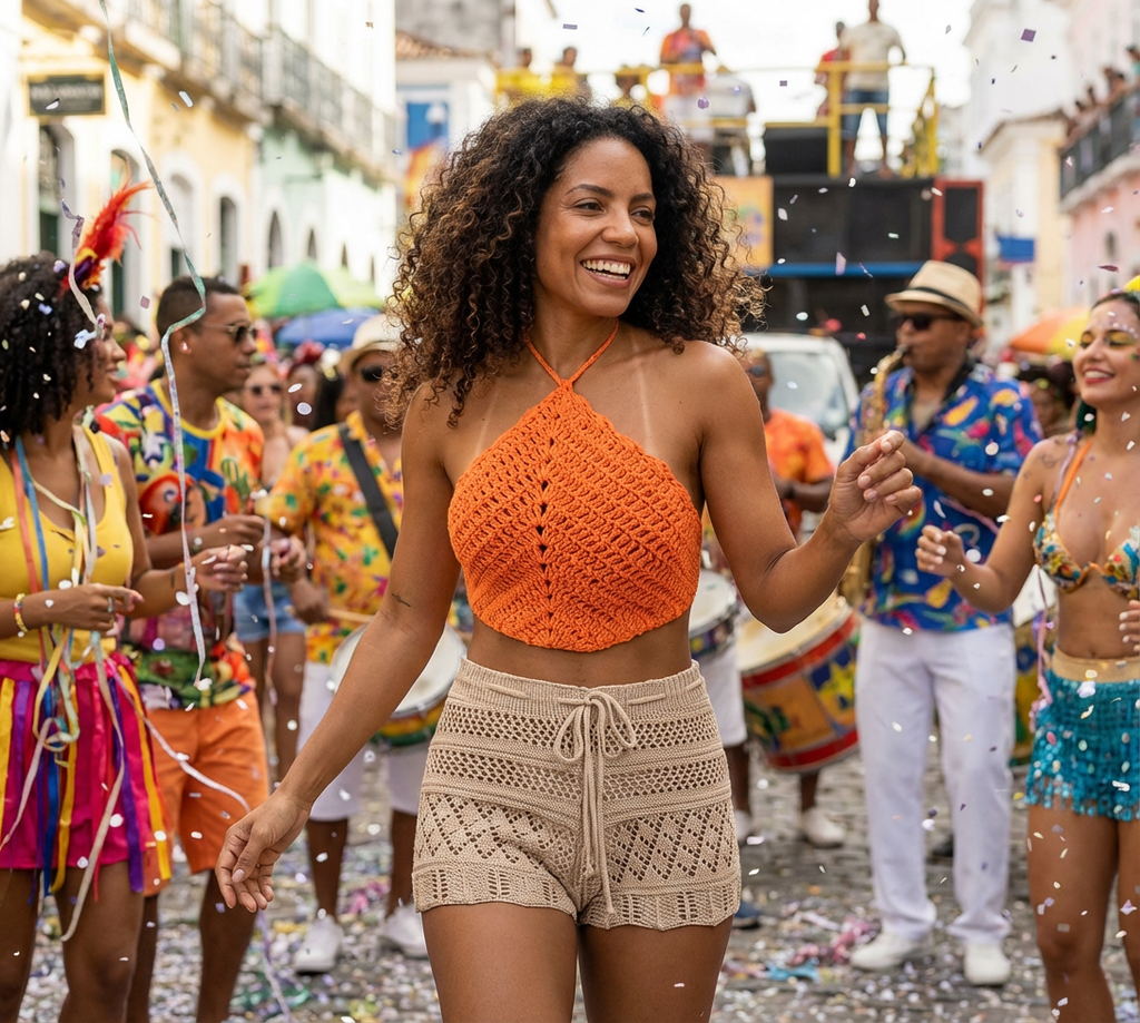 Cropped Triângulo Crochê Laranja: A Sofisticação Artesanal do Seu Verão
