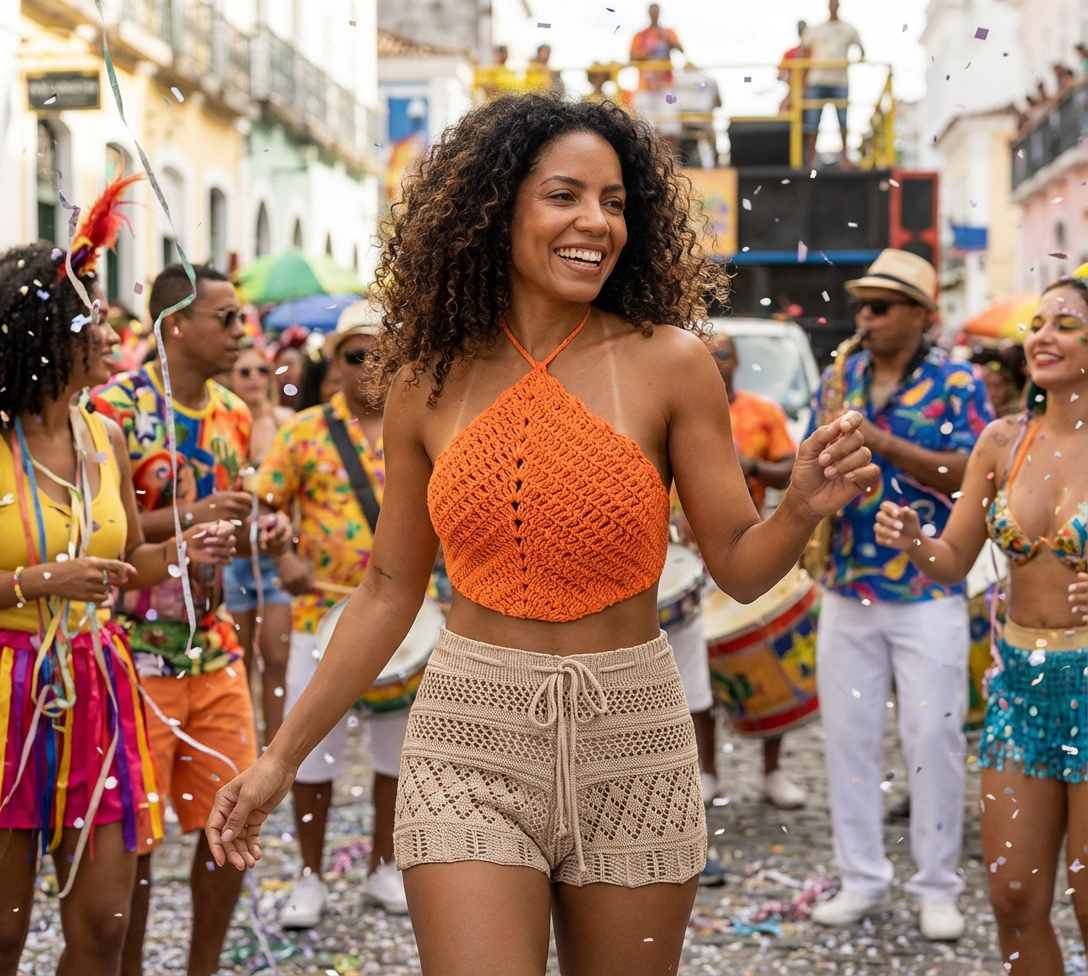 Cropped Triângulo Crochê Laranja: A Sofisticação Artesanal do Seu Verão