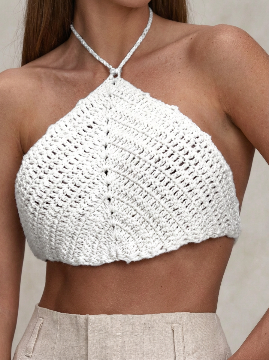 Cropped Triângulo Crochê Laranja: A Sofisticação Artesanal do Seu Verão