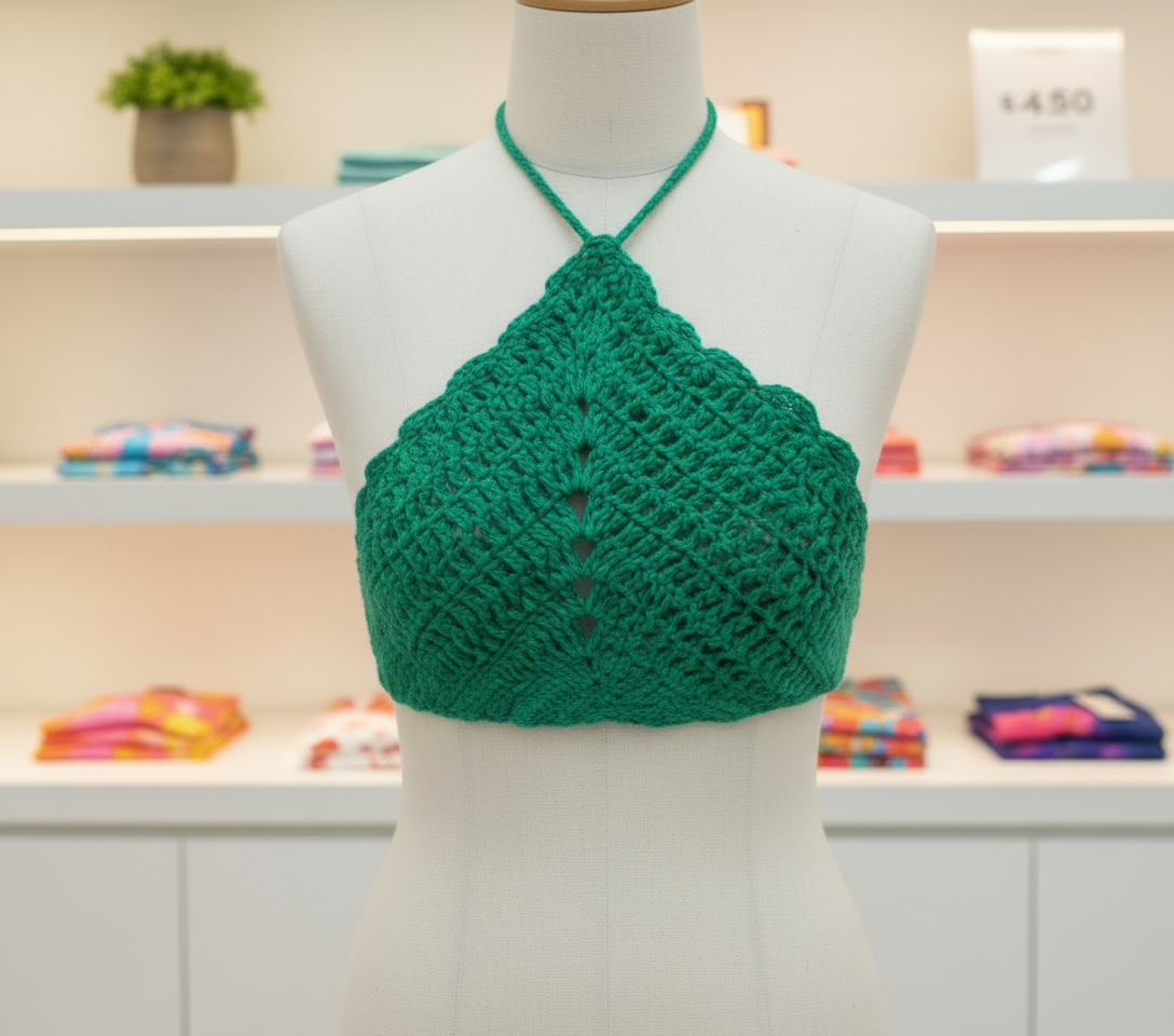 Cropped Triângulo Crochê Laranja: A Sofisticação Artesanal do Seu Verão